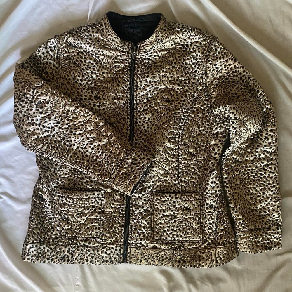 Chico's Quilted Cheetah Reversible Jacket Leopard Print Zip Up Denim Top Size 2